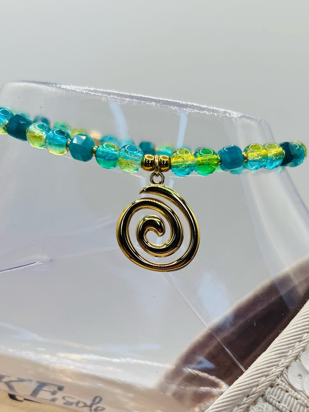 *ANKLET* S.Steel Swirl & Teal Yellow Crackle & Jade Stretchy Anklet - Picture 4 of 6